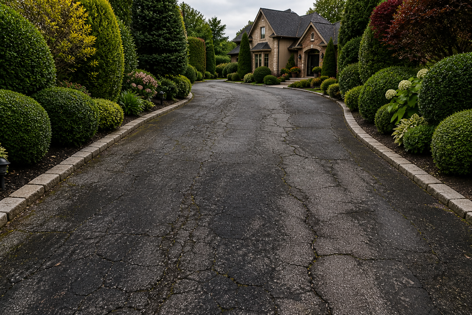 Cracked tarmac driveway weathered before resurfacing
