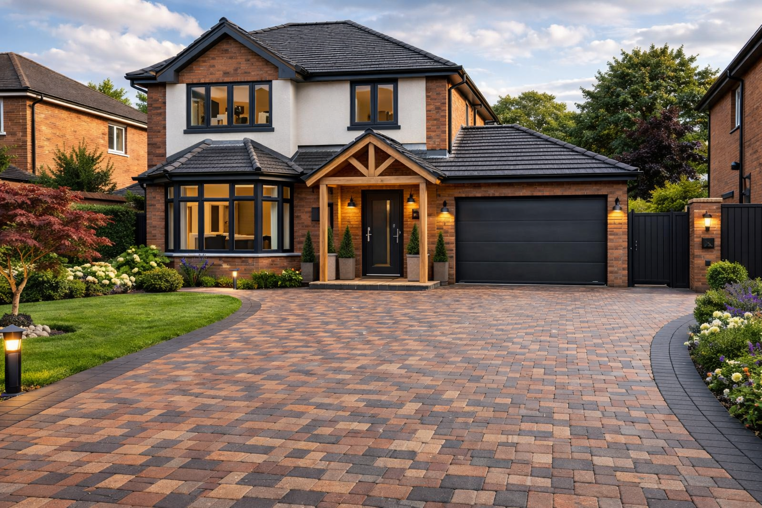 Gravel driveway leading to a garage beside a brick house with front garden and shrubs