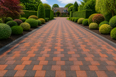 A long block paving driveway leads to a house. 