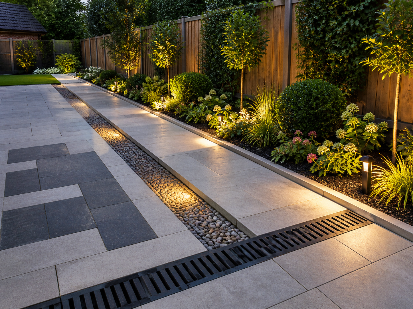 Modern landscaped walkway at dusk with lit plants, stone pavers, and drainage grates