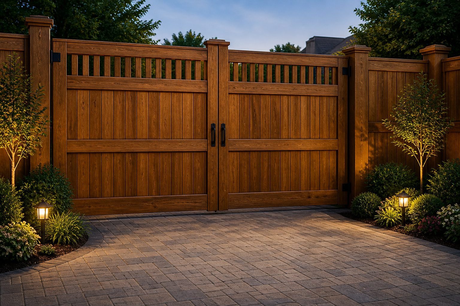 Wooden double gate with vertical slats, framed by illuminated shrubs and cobblestone driveway.