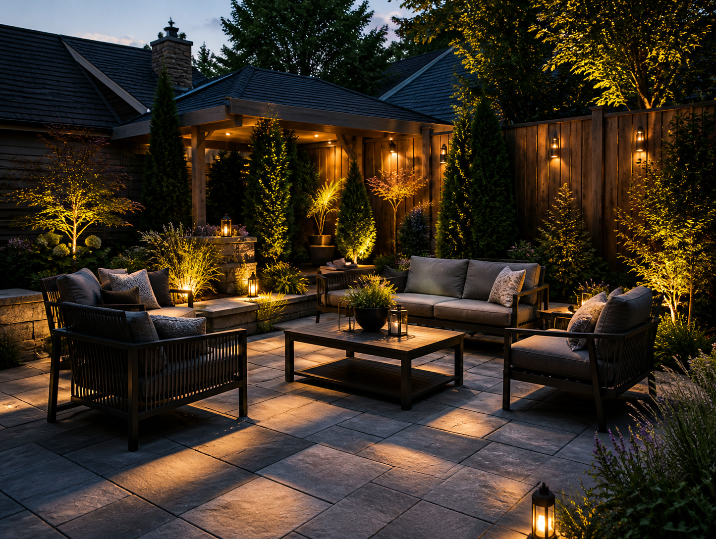 Cozy outdoor patio at dusk with wicker seating, glowing lanterns, and warm string lights in a garden courtyard