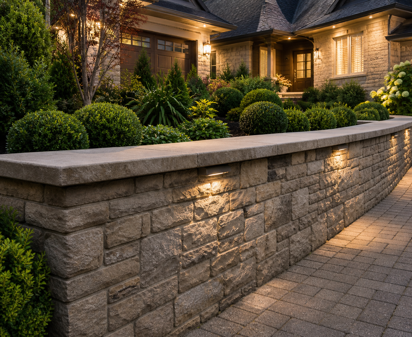 Elegant house facade with soft, warm lighting highlighting a stone wall and lush green shrubs at twilight. 