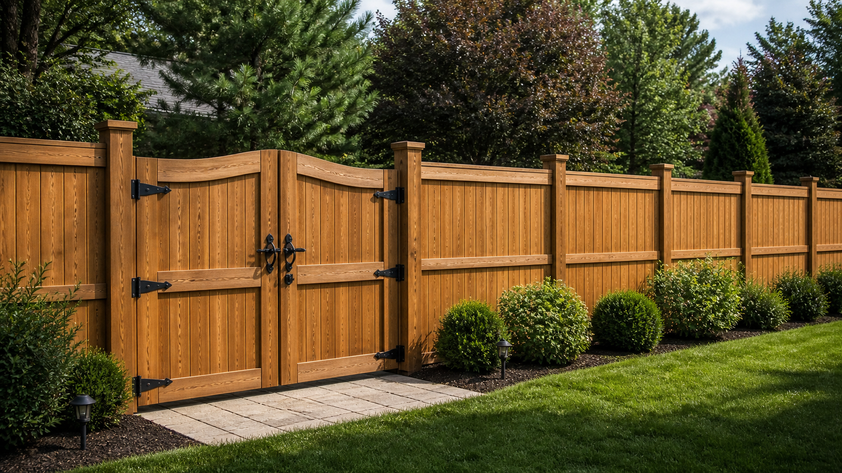 Wooden privacy fence with double gate beside a paved walkway and neatly trimmed shrubs in a green yard Wooden privacy fence with double gate beside a paved walkway and neatly trimmed shrubs in a green yard
