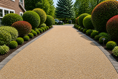 Gravel driveway lined with neatly trimmed, rounded shrubs and trees.