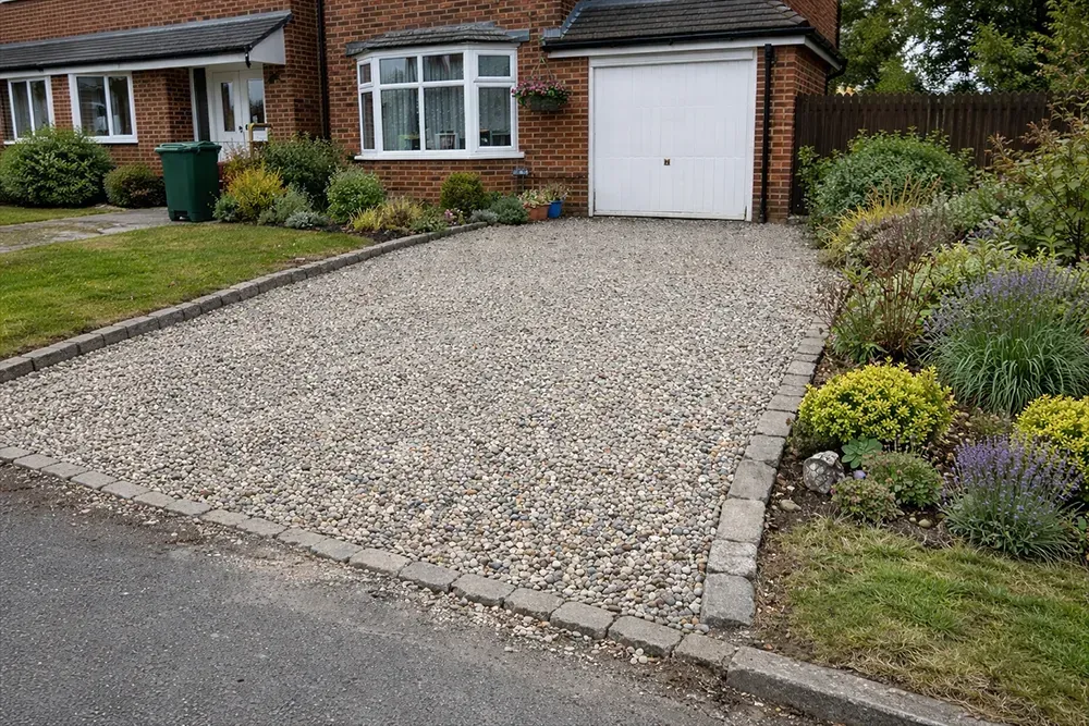 Gravel driveway leading to a garage beside a brick house with front garden and shrubs