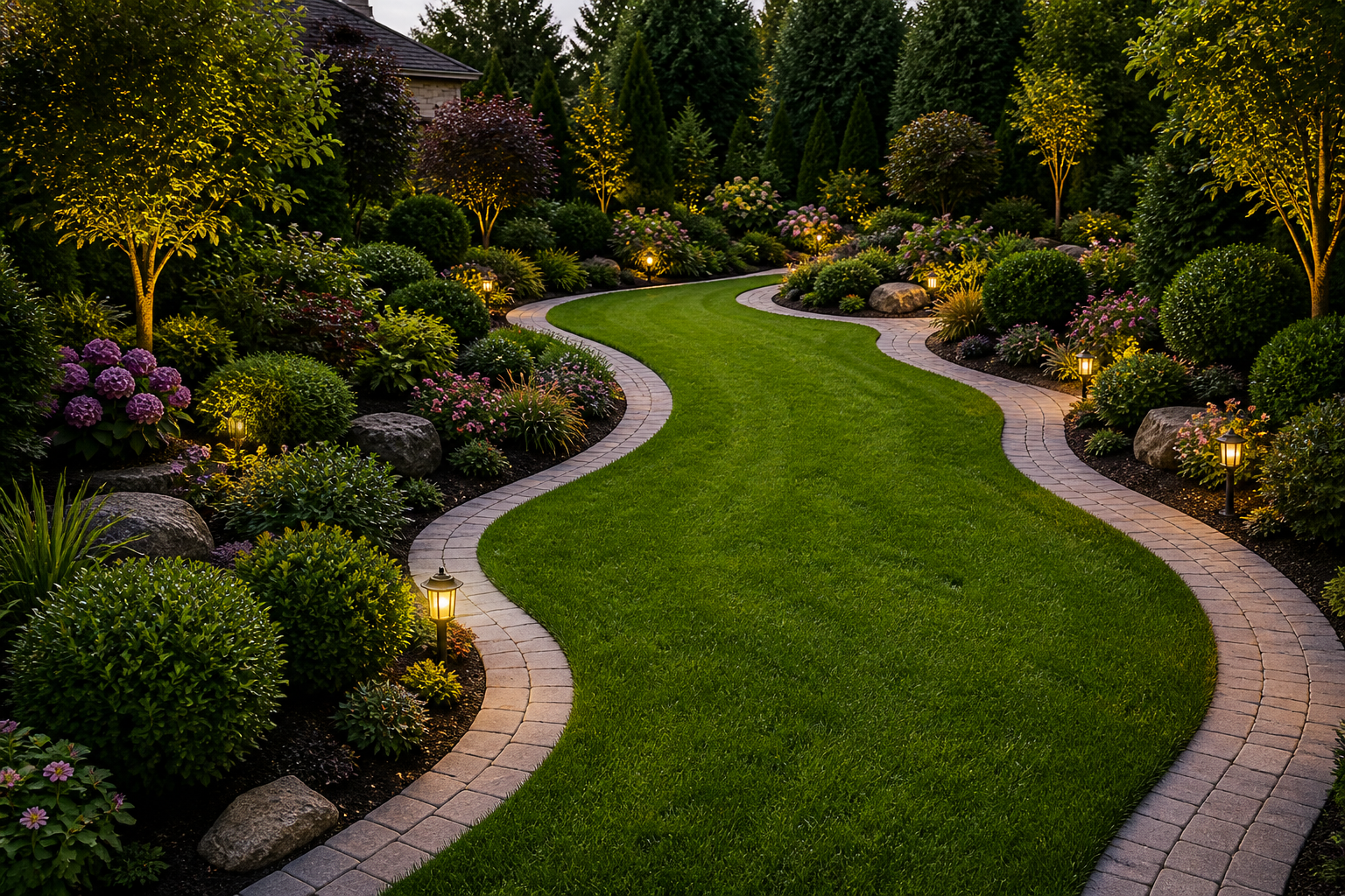 Curving garden path bordered by lush shrubs, flowers, and small glowing lights at dusk Curving garden path bordered by lush shrubs, flowers, and small glowing lights at dusk