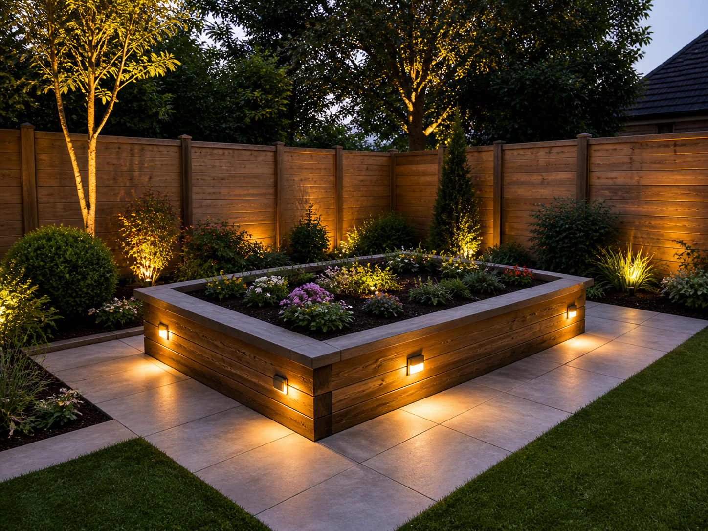 Modern backyard garden bed with warm landscape lighting, stone pavers, and wooden fence at dusk Modern backyard garden bed with warm landscape lighting, stone pavers, and wooden fence at dusk