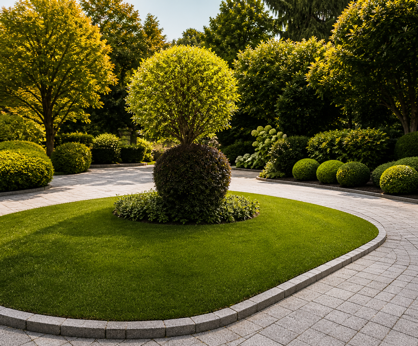 Symmetrical garden landscaping with trimmed shrubs and central ornamental tree.