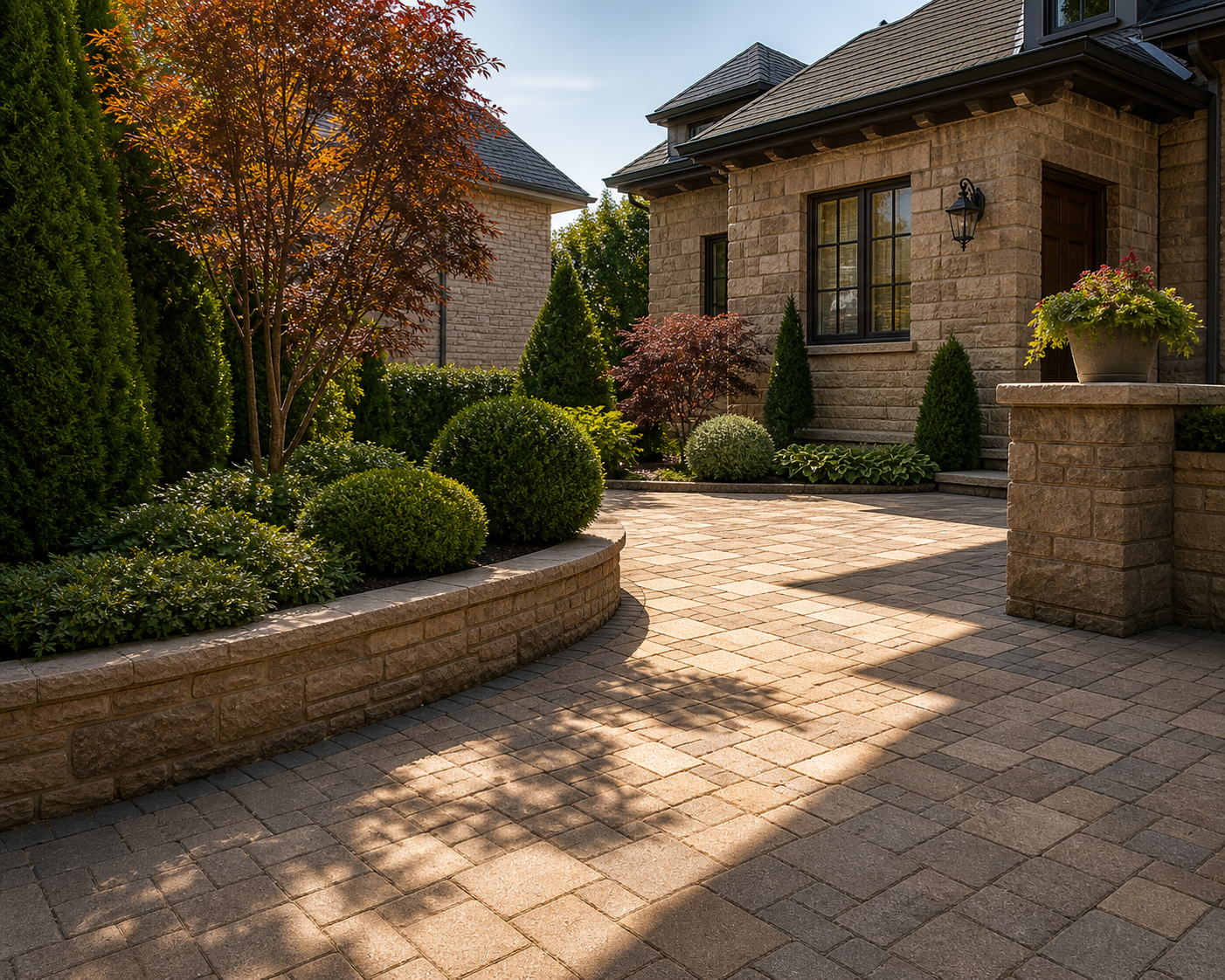 Charming sunlit courtyard with brick walls, lush greenery including boxwoods and a red maple tree, leading to a classic stone house.
