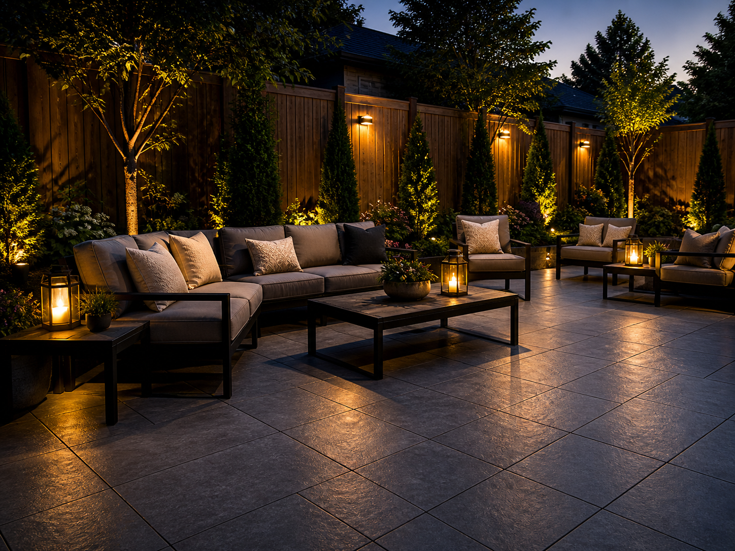 Warm-lit outdoor patio with cushioned seating, tables, and tall greenery at dusk Warm-lit outdoor patio with cushioned seating, tables, and tall greenery at dusk