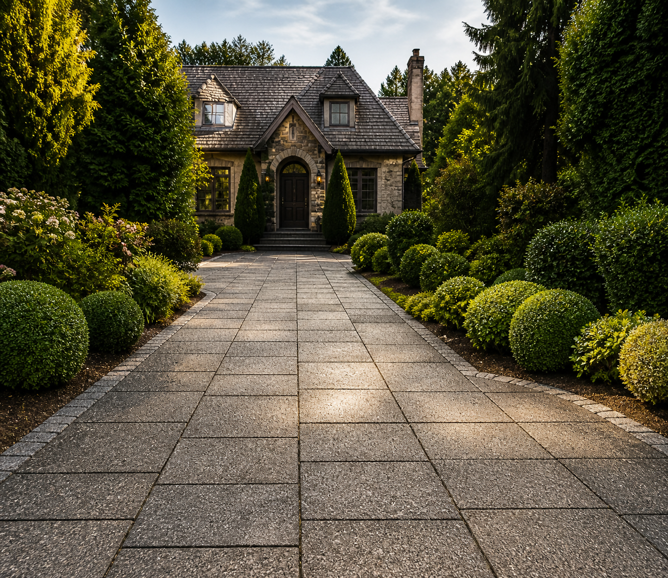 Stone patio walkway leading to house with landscaped garden.