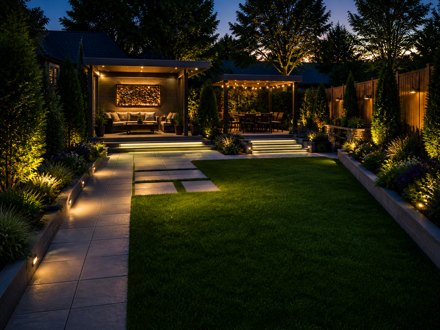 Elegant backyard patio with warm lights, stone path, and a manicured lawn at dusk