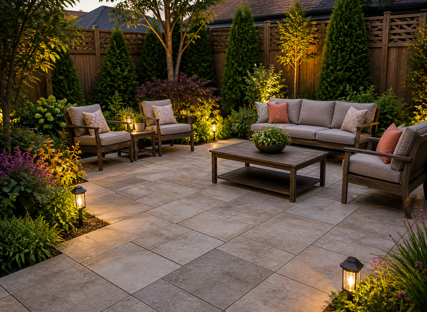 Illuminated backyard patio with wicker seating, coffee table, and lush garden at dusk