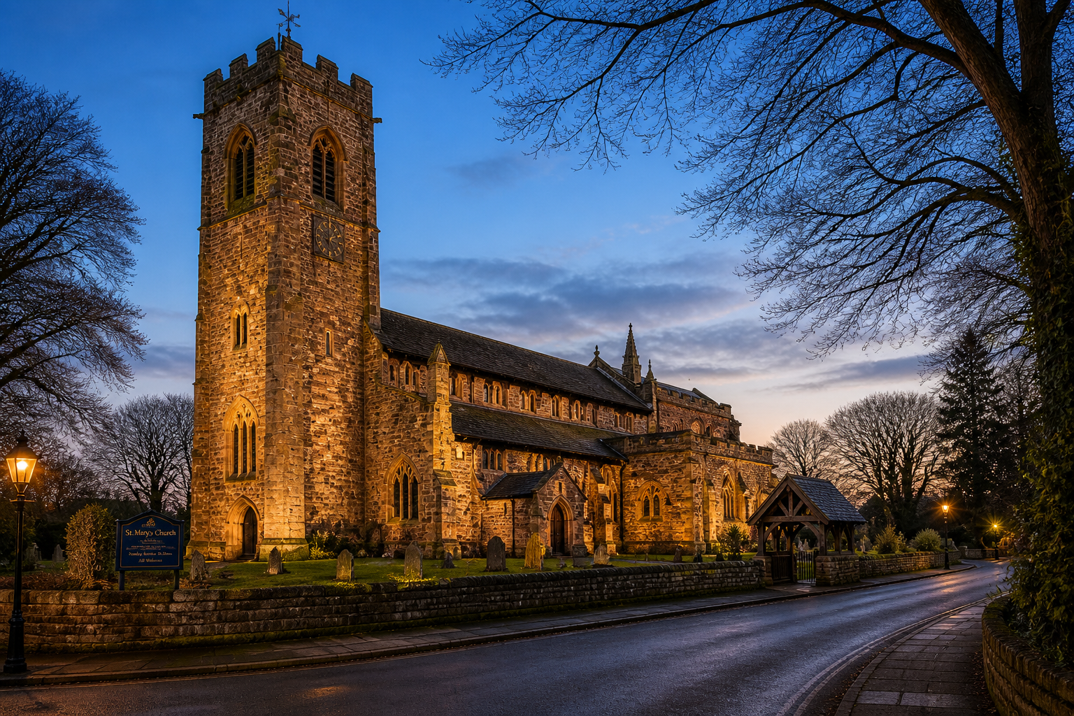 St. Mary’s Church Prestwich at dusk with Gothic tower and historic churchyard