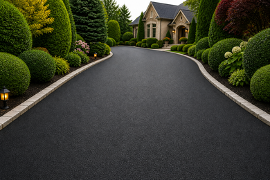 A smooth, tarmac asphalt driveway leads to a brick house surrounded by manicured shrubs and trees.