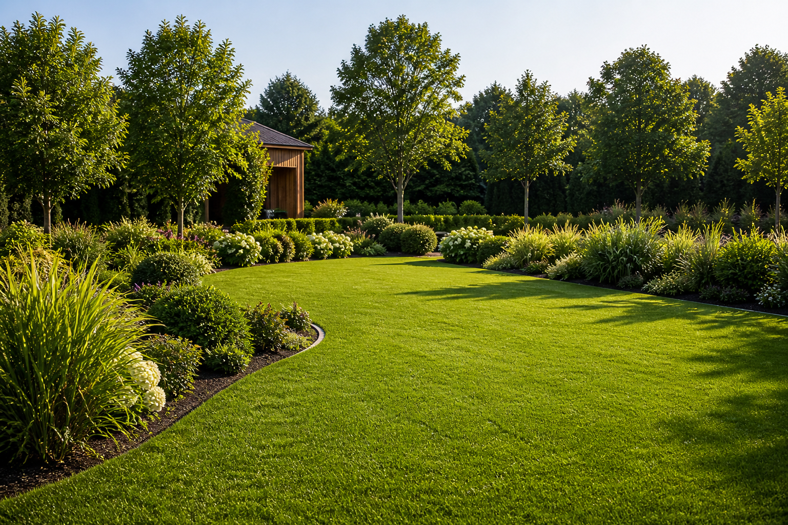 Sunlit landscaped garden with lush green lawn, curved flower beds, and tall trees under a clear sky Sunlit landscaped garden with lush green lawn, curved flower beds, and tall trees under a clear sky