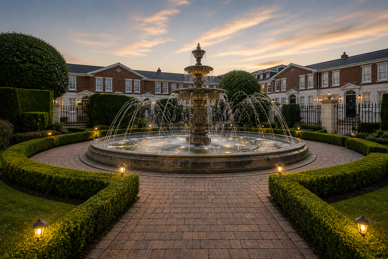 Whitefield courtyard with ornate fountain and landscaped hedges