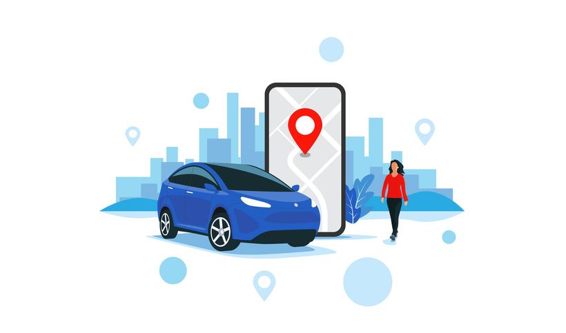 Un'auto blu accanto a un segnaposto sulla mappa di uno smartphone