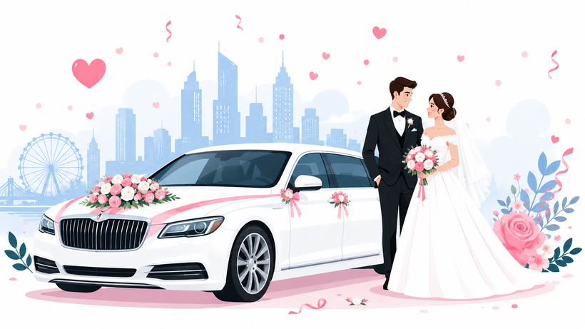 Coppia di sposi accanto a un'auto bianca con lo skyline della città sullo sfondo e decorazioni floreali rosa.