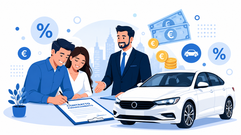 Clienti e un agente esaminano i documenti per il finanziamento di un'auto