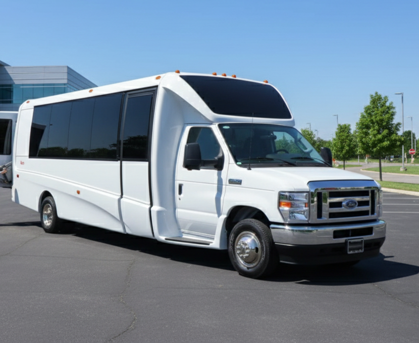 White passenger bus parked on asphalt. Clear blue sky in the background.