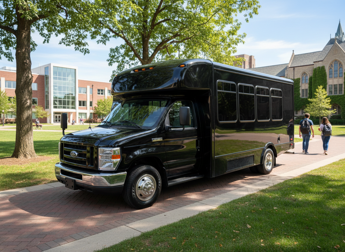 Black shuttle bus parked on a brick path near a university campus with two people walking.