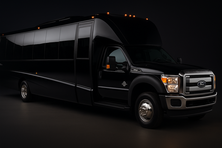 Black party bus on a dark surface.