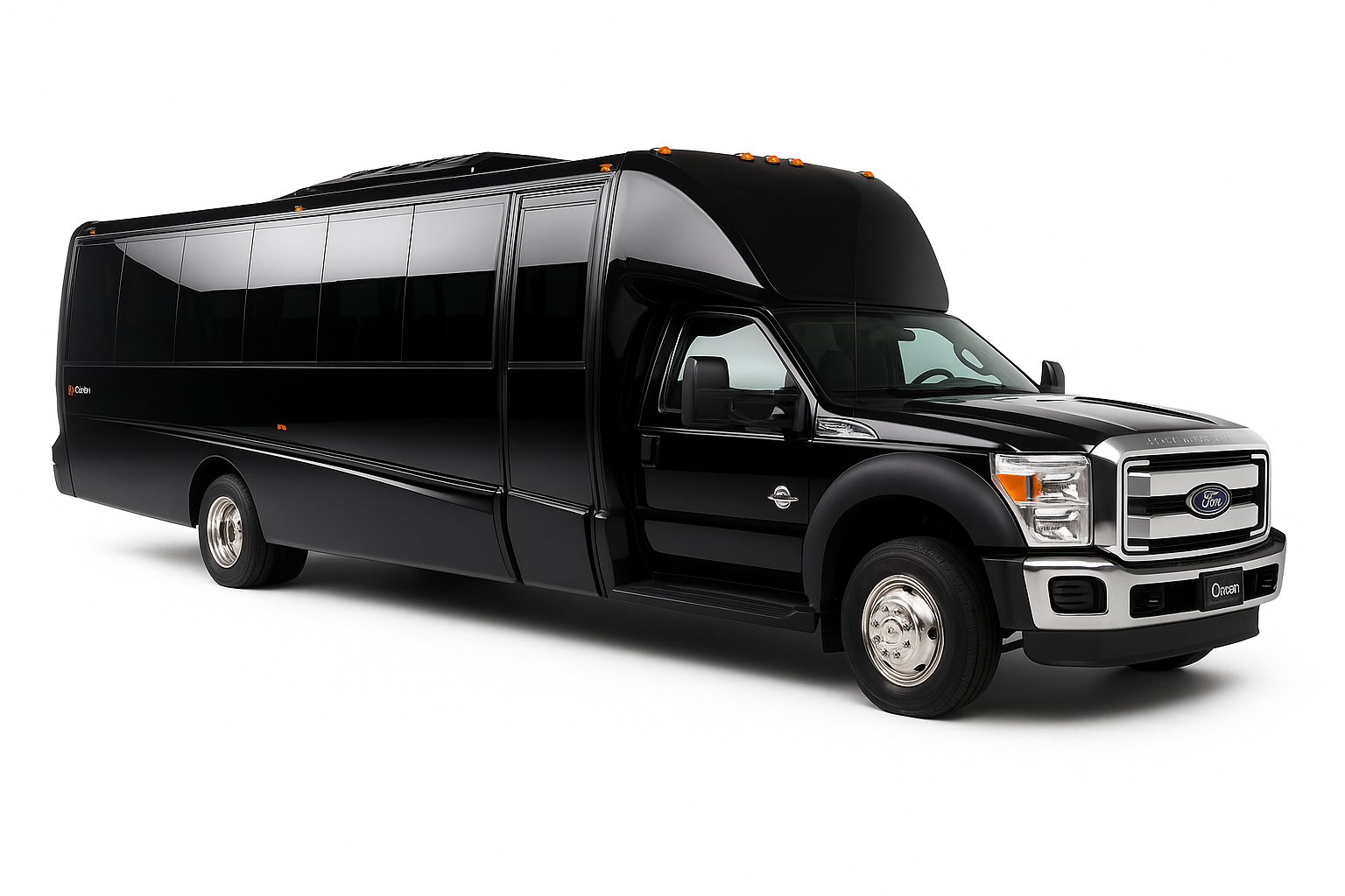 Black party bus parked on a white surface. Front of vehicle is visible.