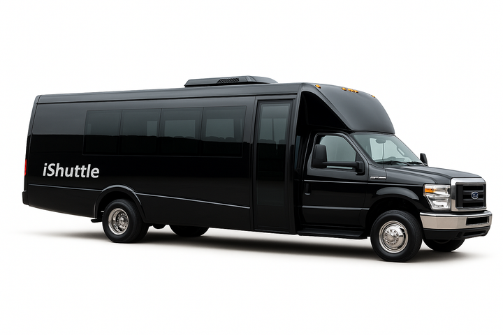 Black iShuttle bus with the door open.