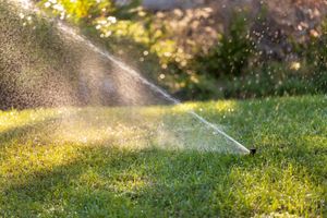 Sprinkler watering a green lawn in sunlight, with mist spraying across the grass