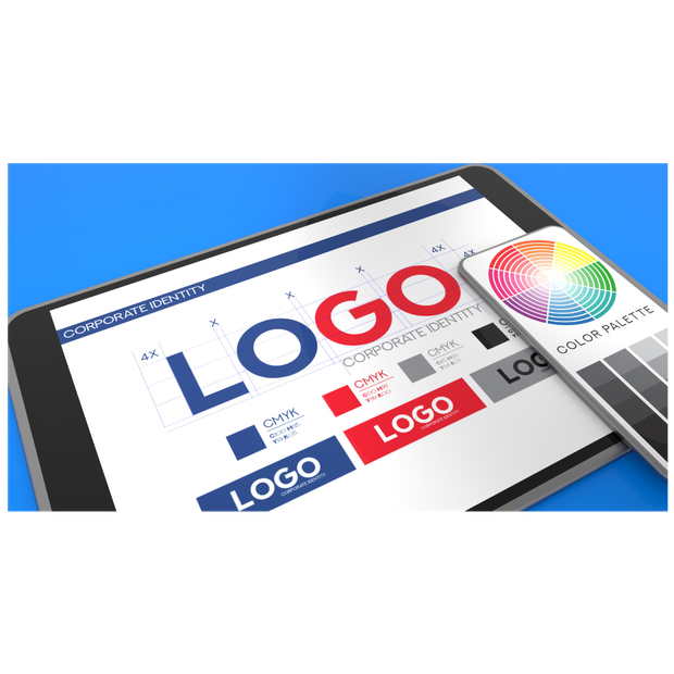 a tablet with a logo on it and a cell phone next to it .