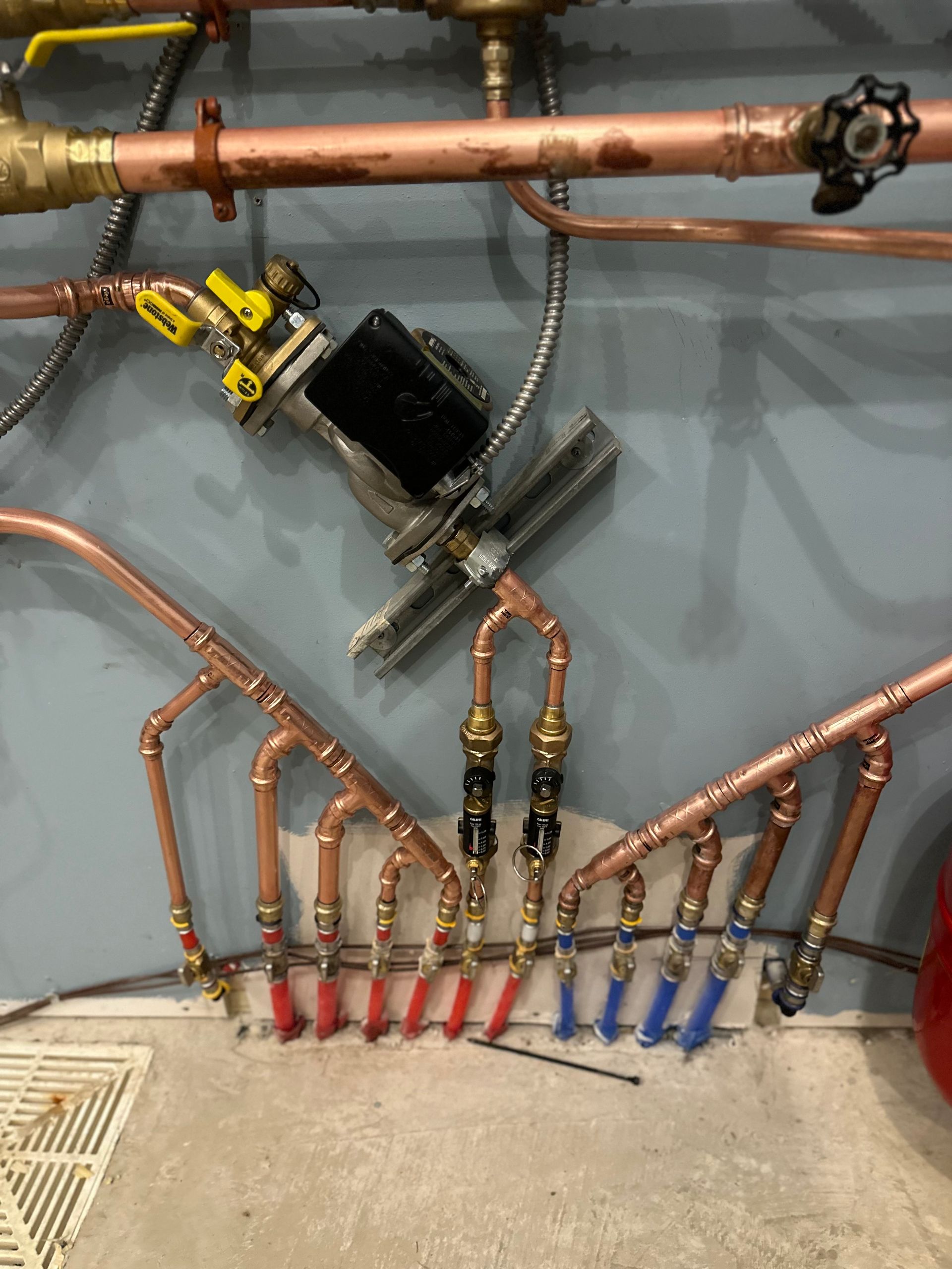 A bunch of copper pipes are hanging on a wall.