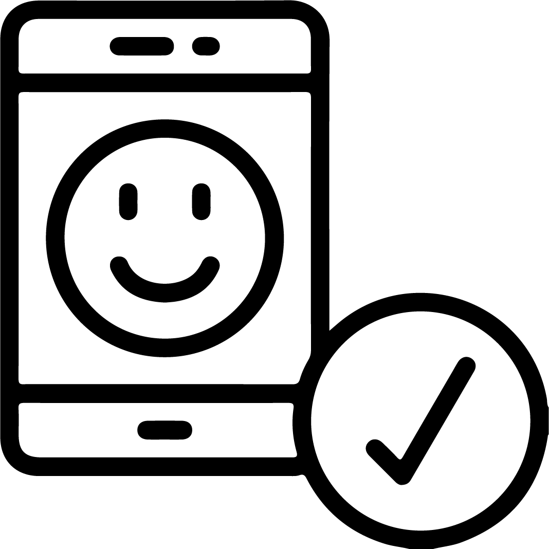 Artwork of a smartphone displaying a smiley face and a checkmark, symbolizing satisfaction or successful action.