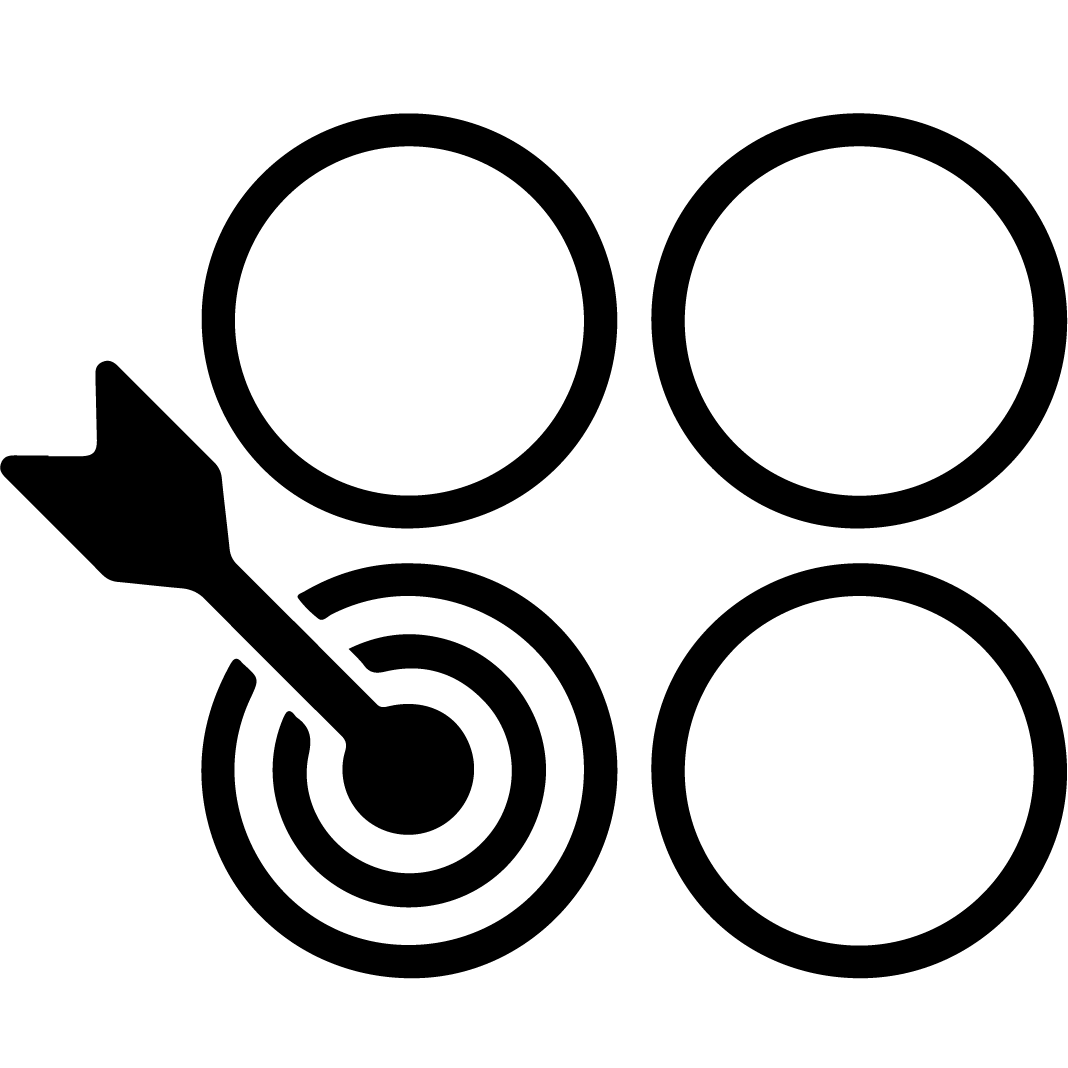 Artwork of four circles, with one circle being struck by an arrow, symbolizing focus or target achievement.