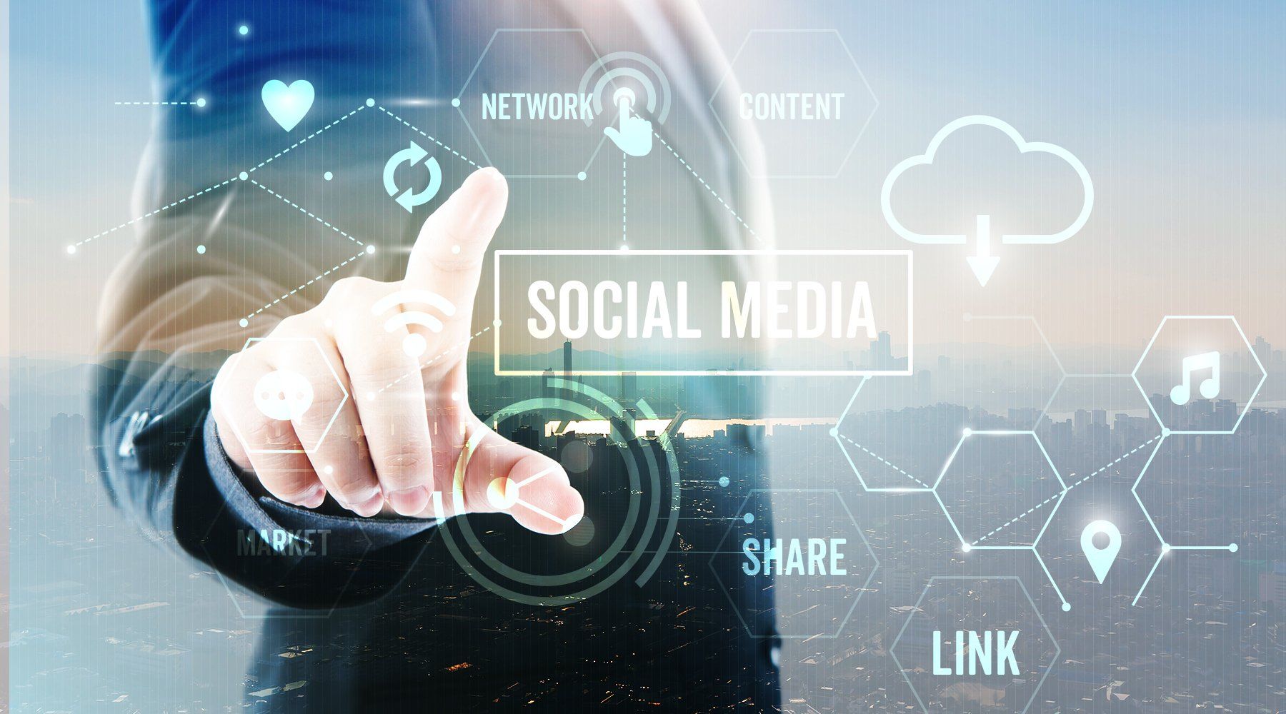 Close-up of a hand using a touchscreen monitor displaying social media and related terms like link, share and network.