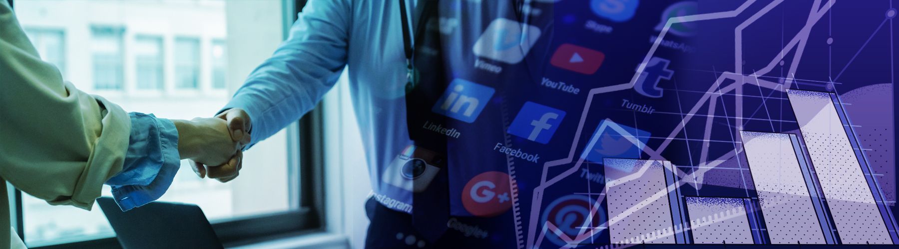 Two people shaking hands with social media app icons and an SEO performance graph, symbolizing relationship with a social media agency. Two people shaking hands with social media app icons and an SEO performance graph, symbolizing relationship with a social media agency.