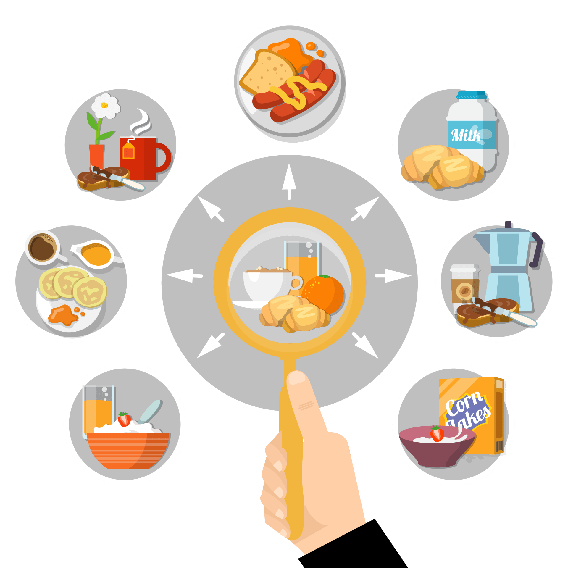 animated images of food and a hand with a magnifying glass