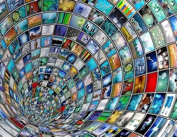 Digital artwork of side-by-side monitors forming a continuous tubular pattern.