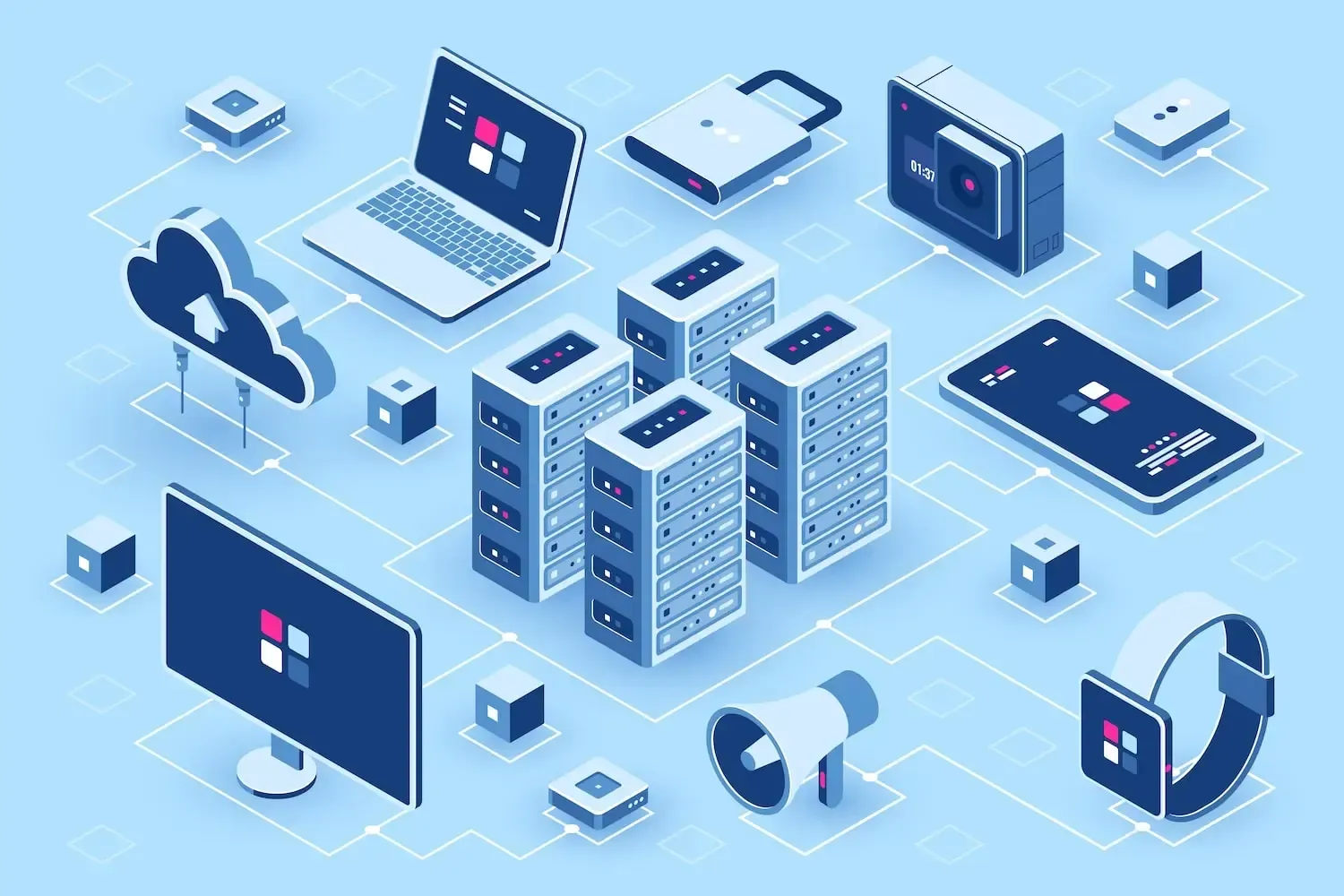 Artwork featuring digital devices and web hosting elements, symbolizing online connectivity