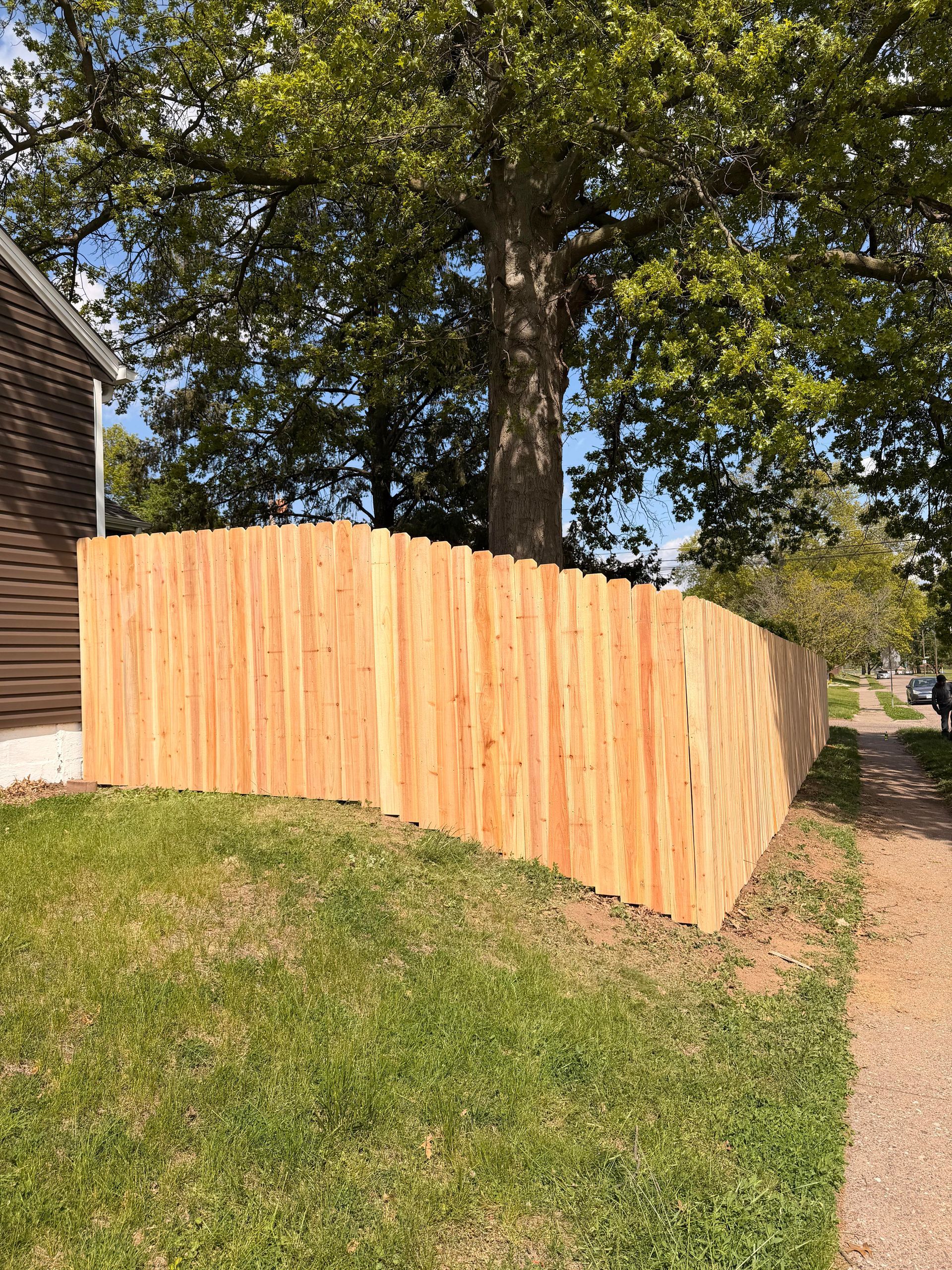 Wooden fence panels on a grassy slope beside a house and large tree in a sunny yard