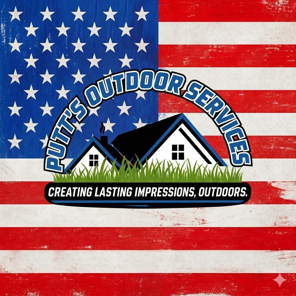 Pitts Outdoor Services logo over a distressed American flag background with house and roof graphic