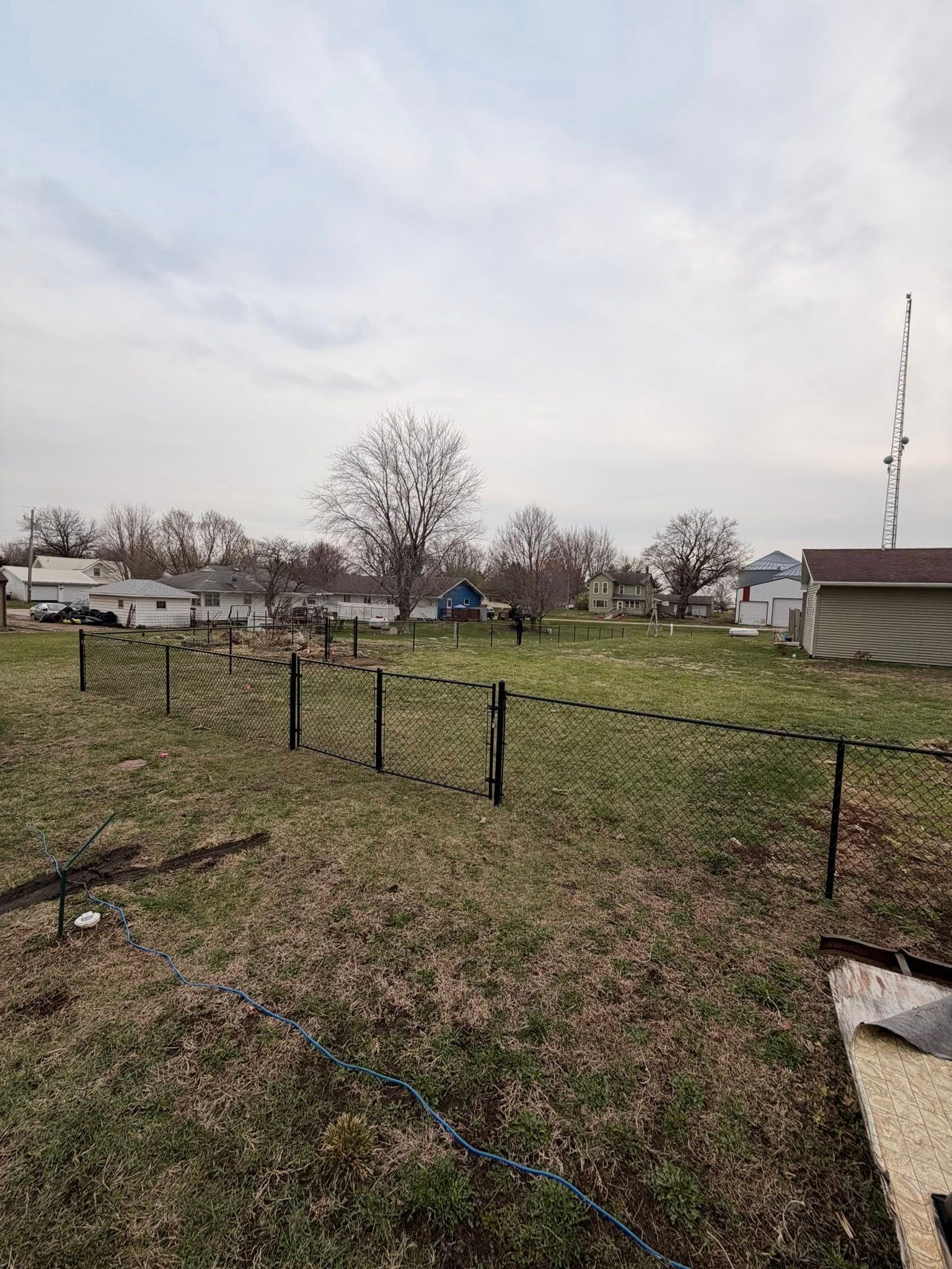 Grassy backyard with chain-link fence, leafless trees, and overcast sky