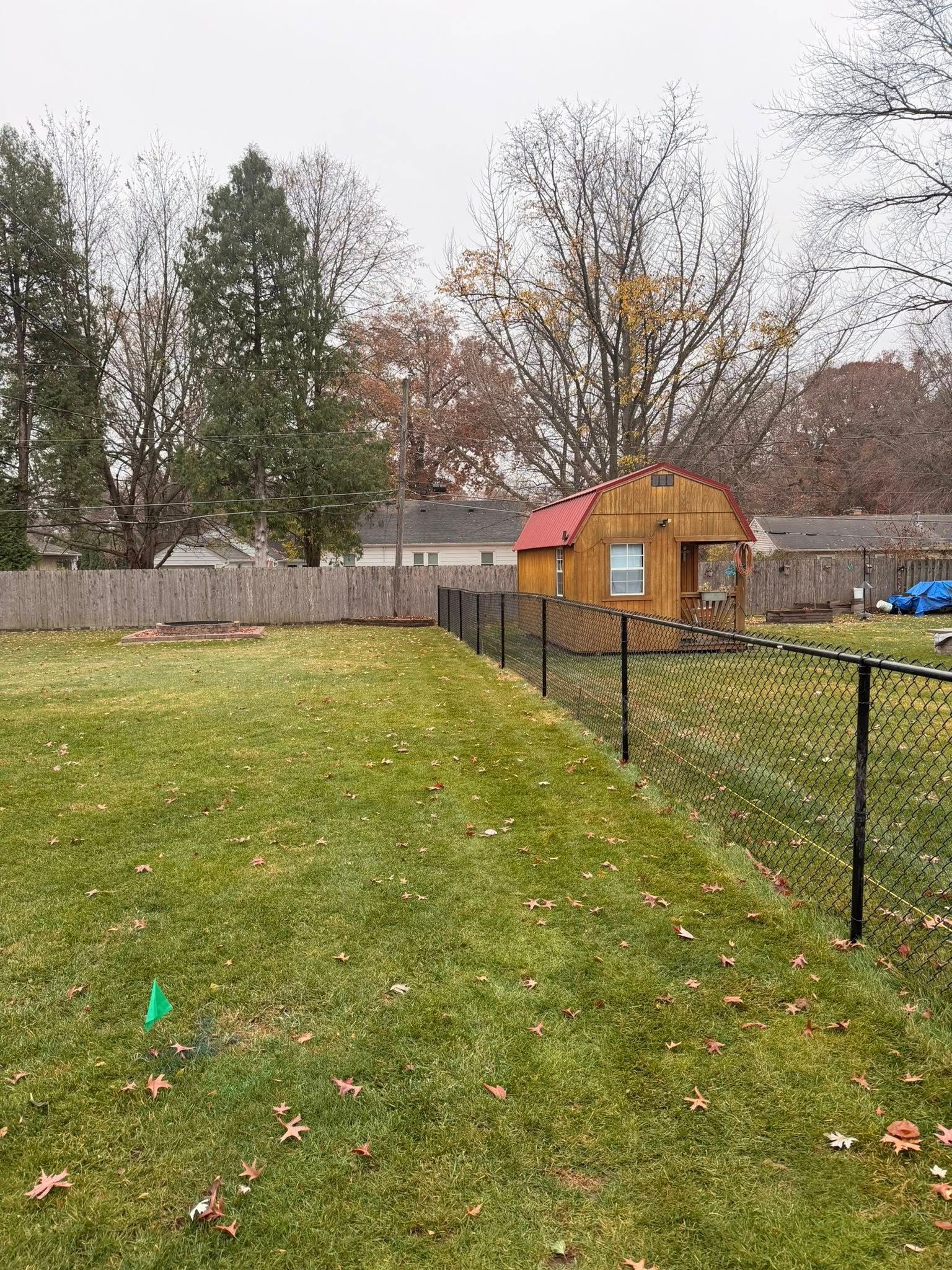 Backyard lawn with a black fence, small wooden shed, and trees under a cloudy sky