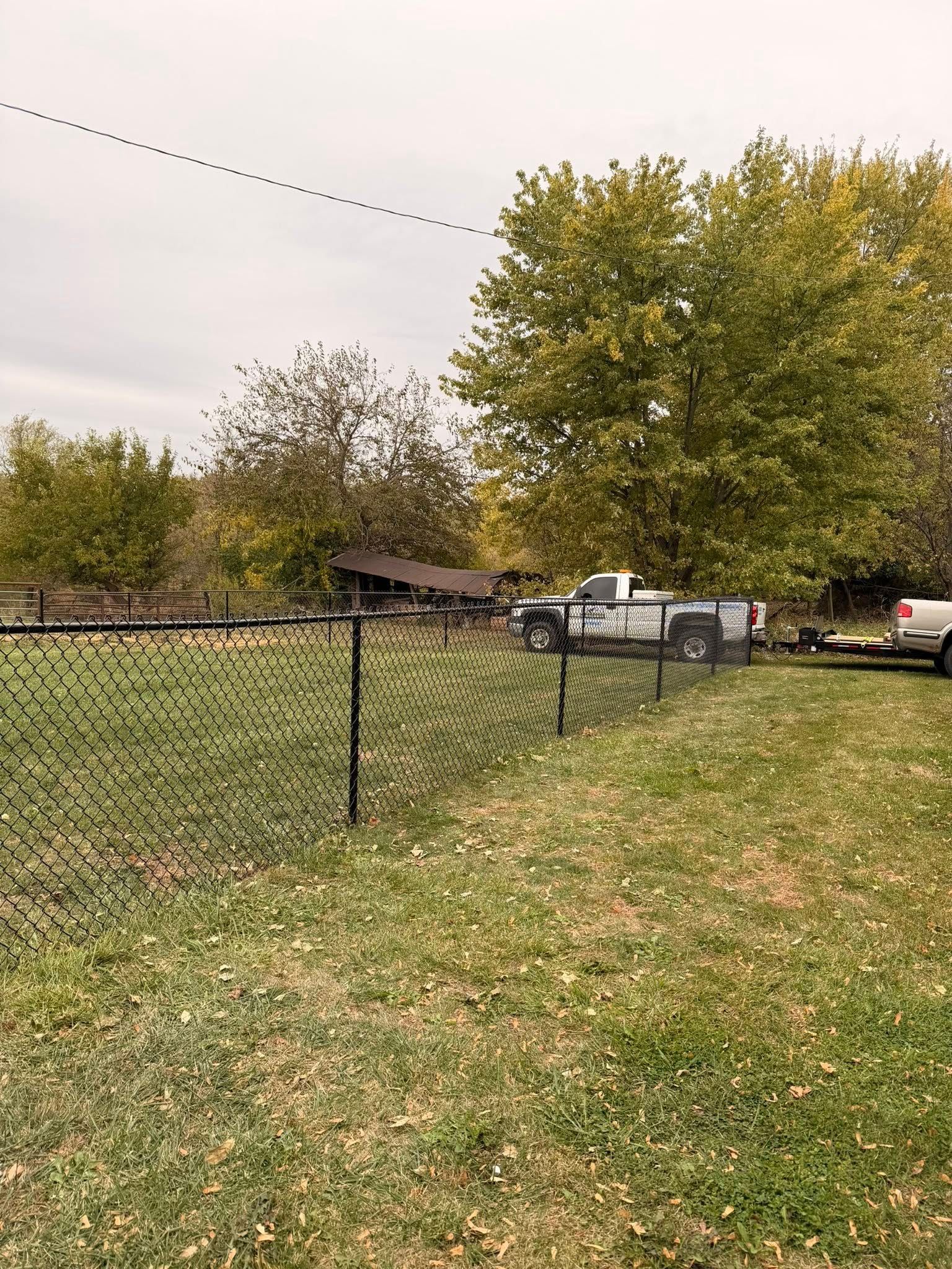 Backyard with black chain-link fence, parked white car, and trees under a cloudy sky