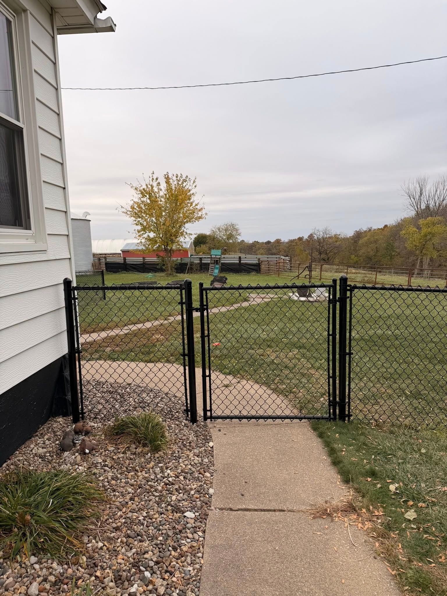 Front walkway leading through an open black gate to a grassy yard with a small tree in fall colors.