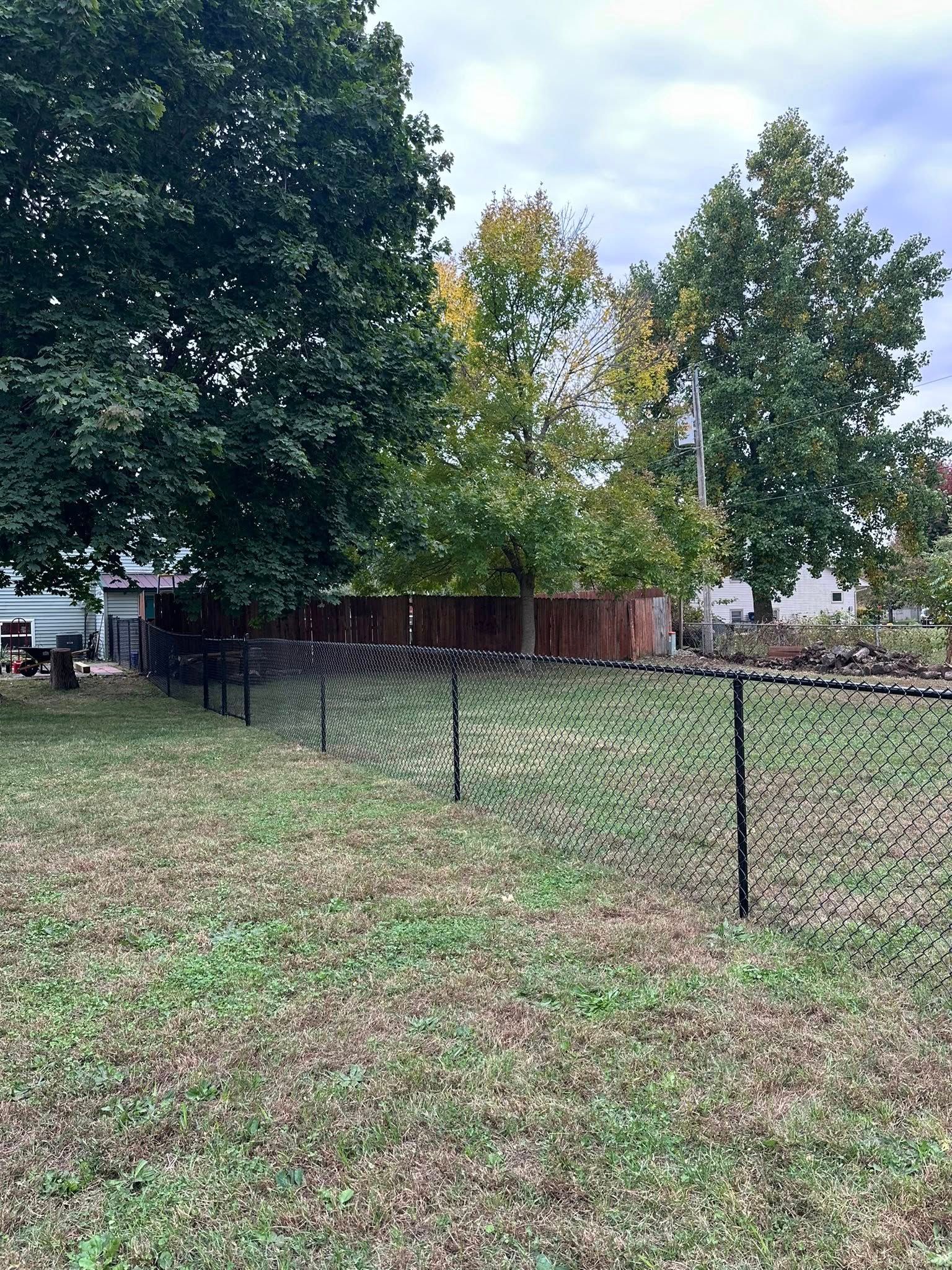 Fenced backyard with trees, a wooden privacy fence, and a grassy ground with scattered leaves.