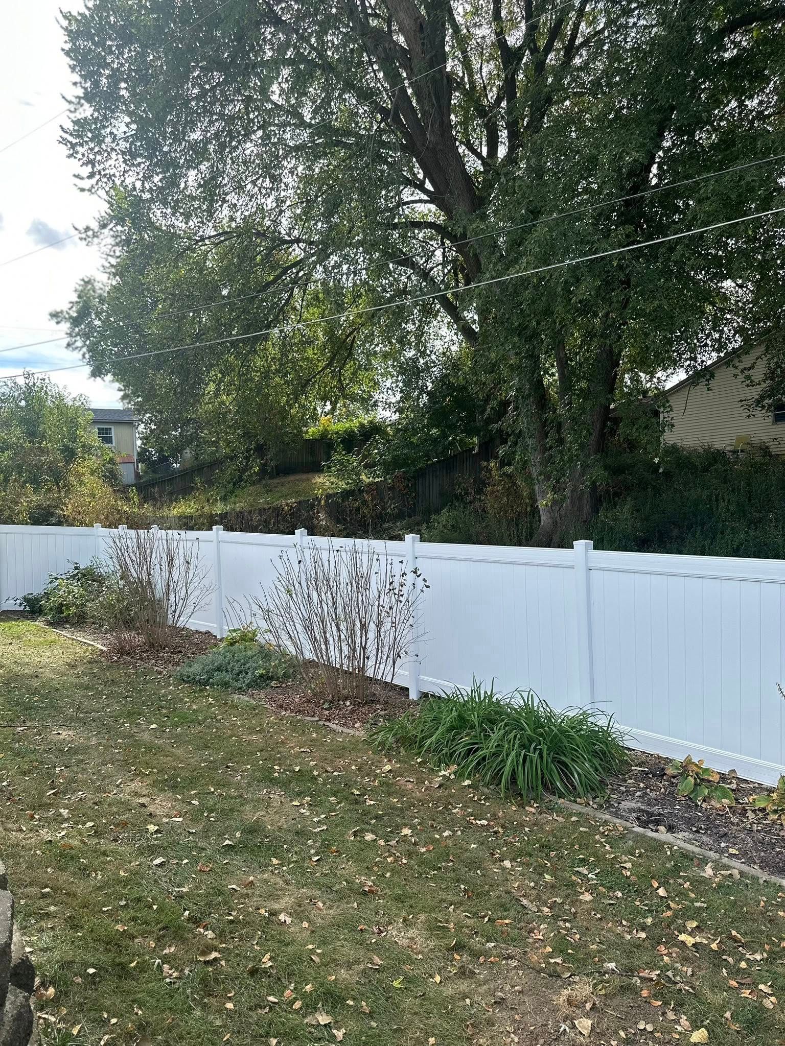Backyard with a white fence, tall leafy trees, and a small garden bed in autumn.