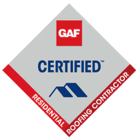 GAF Certified Residential Roofing Contractor logo with red and blue text in a diamond shape