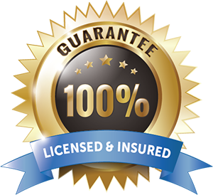 Gold guarantee seal with 100% center and blue ribbon reading “Licensed & Insured”